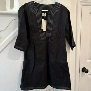 NWT DISSH Black linen dress with White Stitching